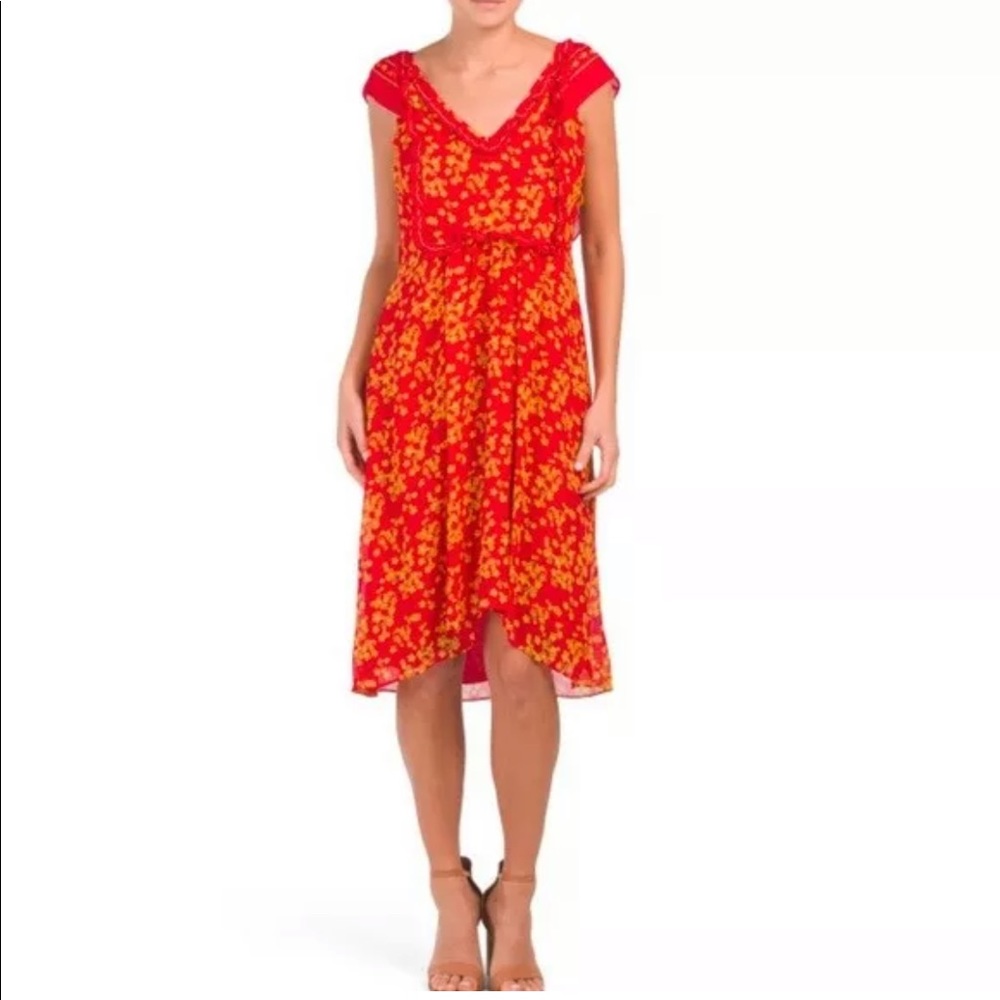 Max Studio V Neck Ruffle Floral Sleeveless Shift Dress Red XS Low Back NWT$128